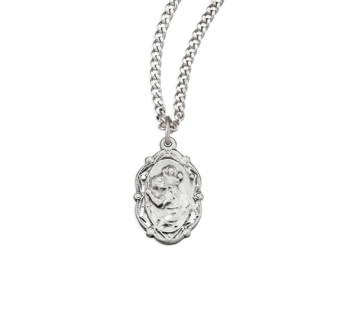 Saint Christopher Fancy Oval Medal Necklace, Sterling Silver