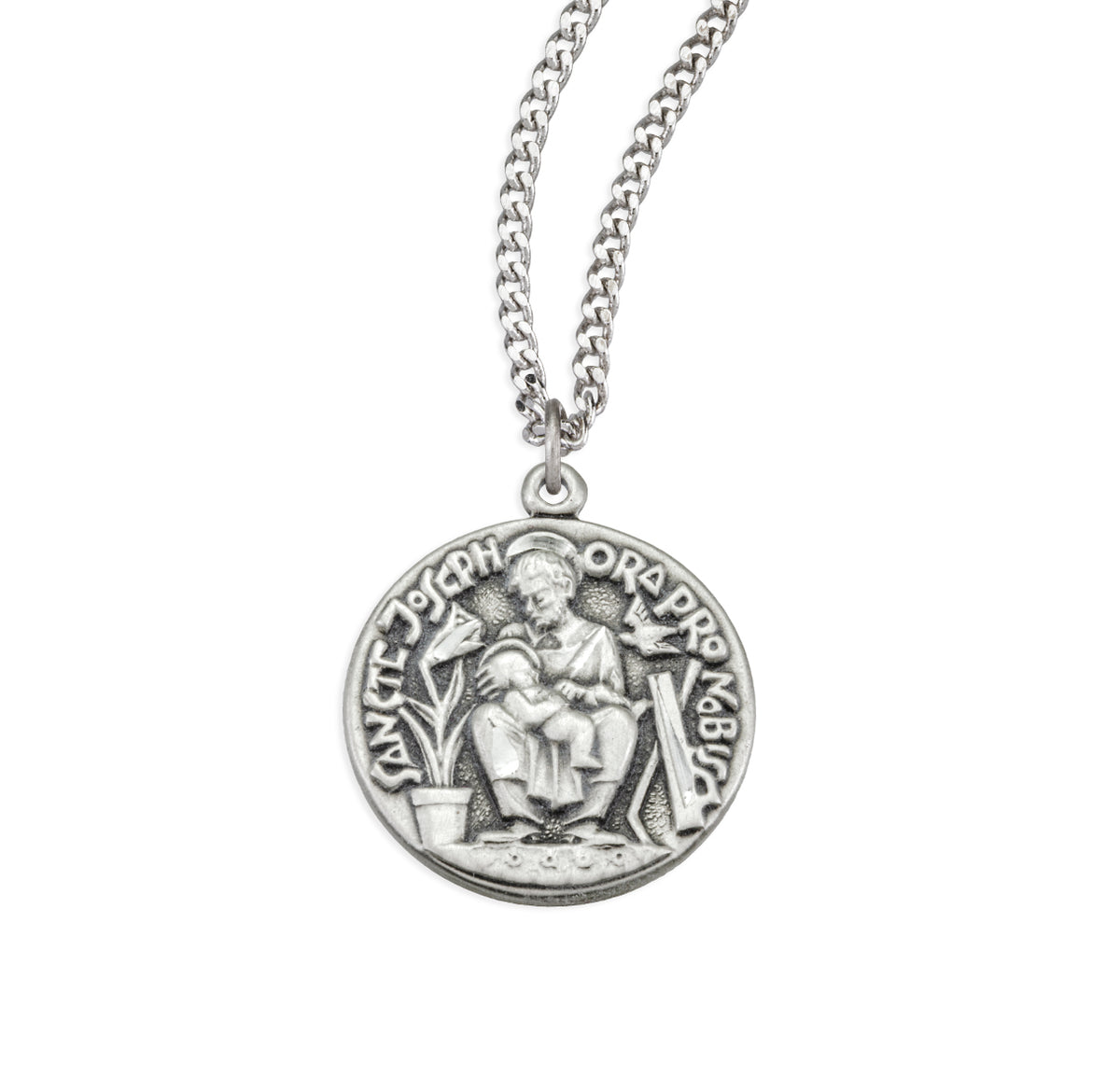 Saint Joseph Seated Medal Necklace with Infant Jesus, Sterling Silver