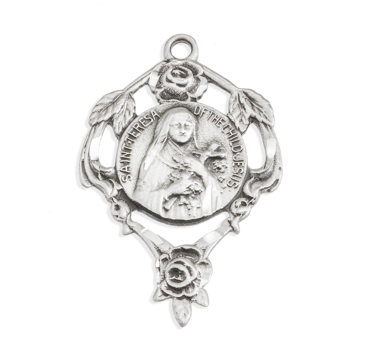 Saint Therese Round Medal Necklace, Sterling Silver