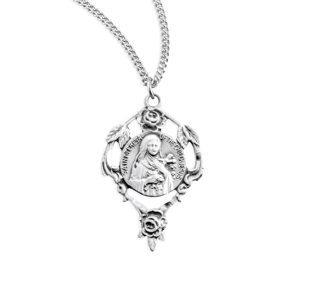 Saint Therese Round Medal Necklace, Sterling Silver
