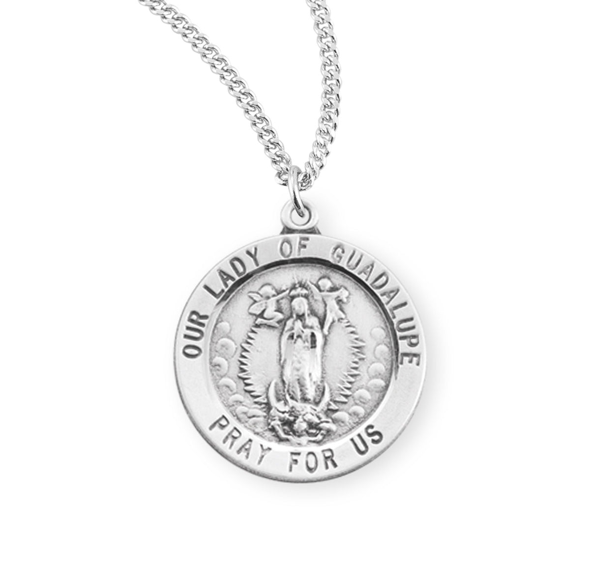 Heavy Large Our Lady of Guadalupe Round Medal Necklace, Sterling Silver