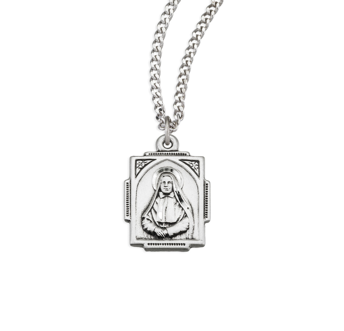 Saint Frances X. Cabrini Square Medal Necklace, Sterling Silver