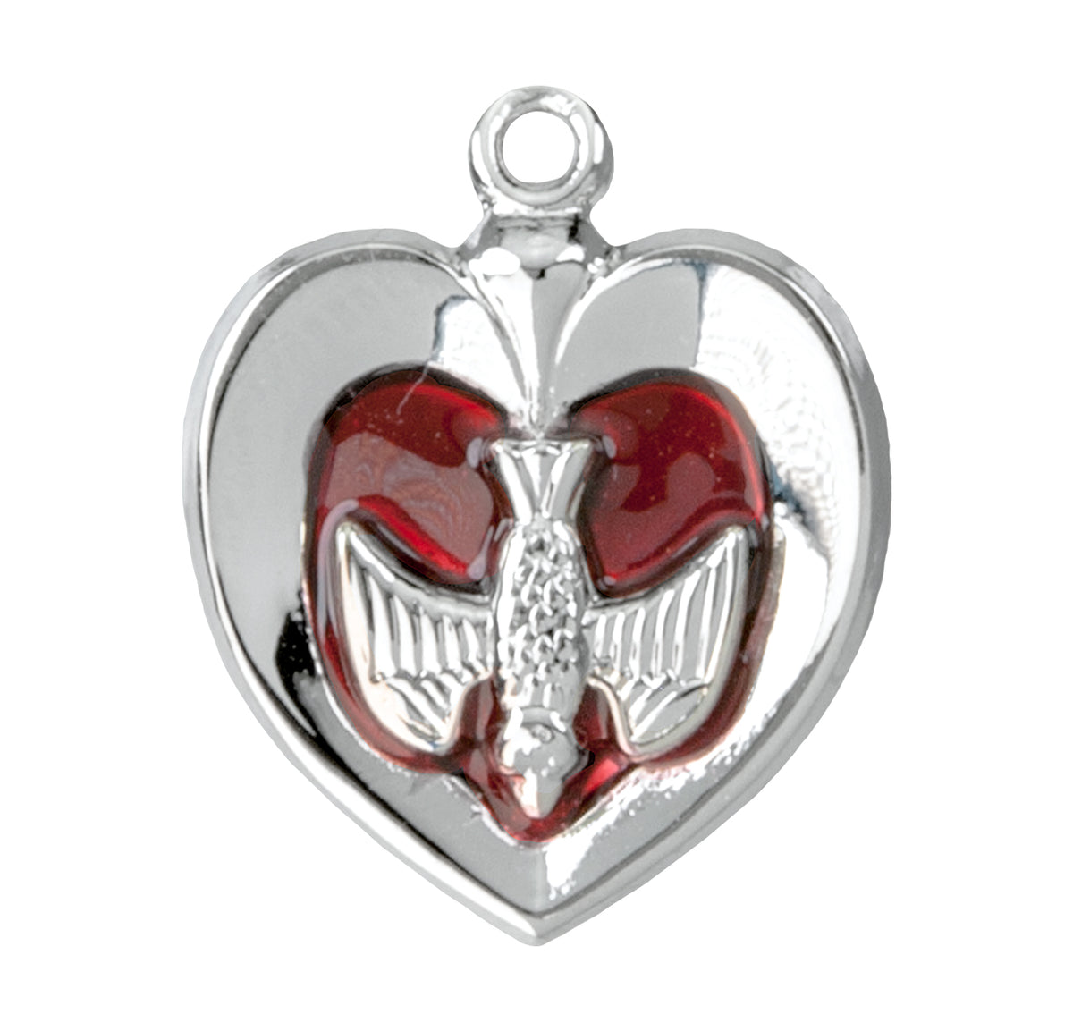 Holy Spirit Inlaid Heart Pendant Necklace with Red Enamel, Sterling Silver