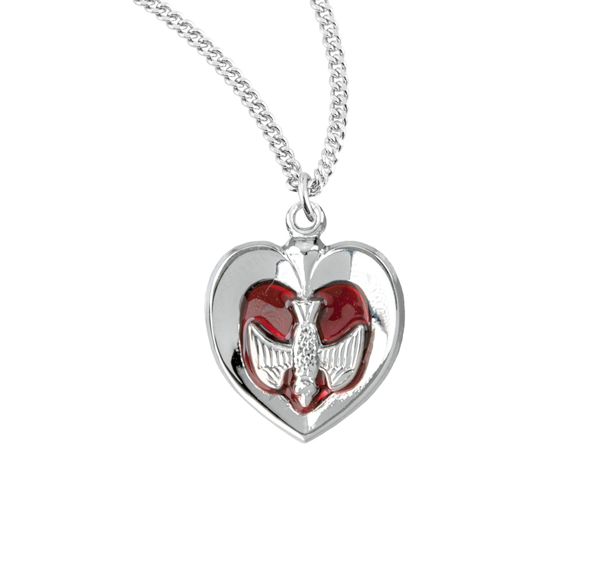 Holy Spirit Inlaid Heart Pendant Necklace with Red Enamel, Sterling Silver