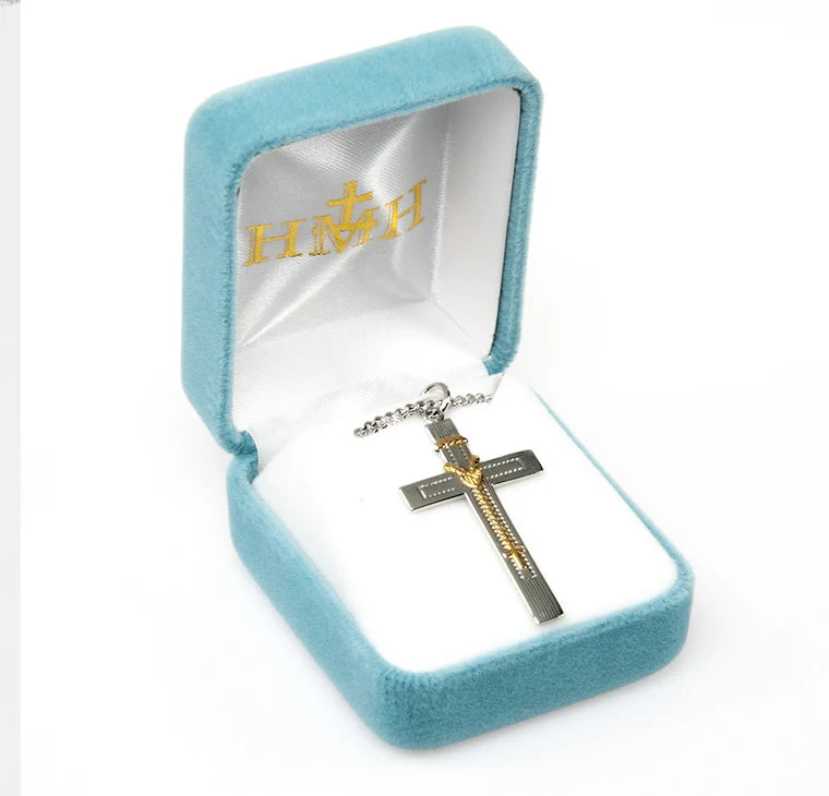 Sterling Silver Cross Necklace with 14KT Gold-Plated Rosary Overlay