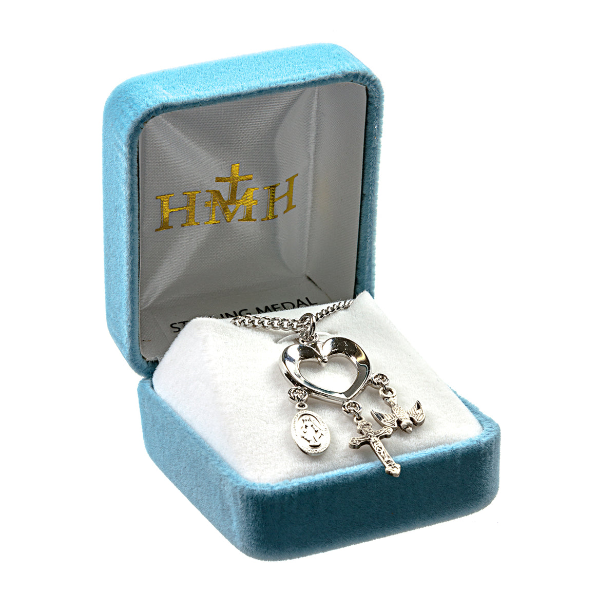 Heart Crucifix Necklace with Miraculous Medal, and Holy Spirit Charm, Sterling Silver