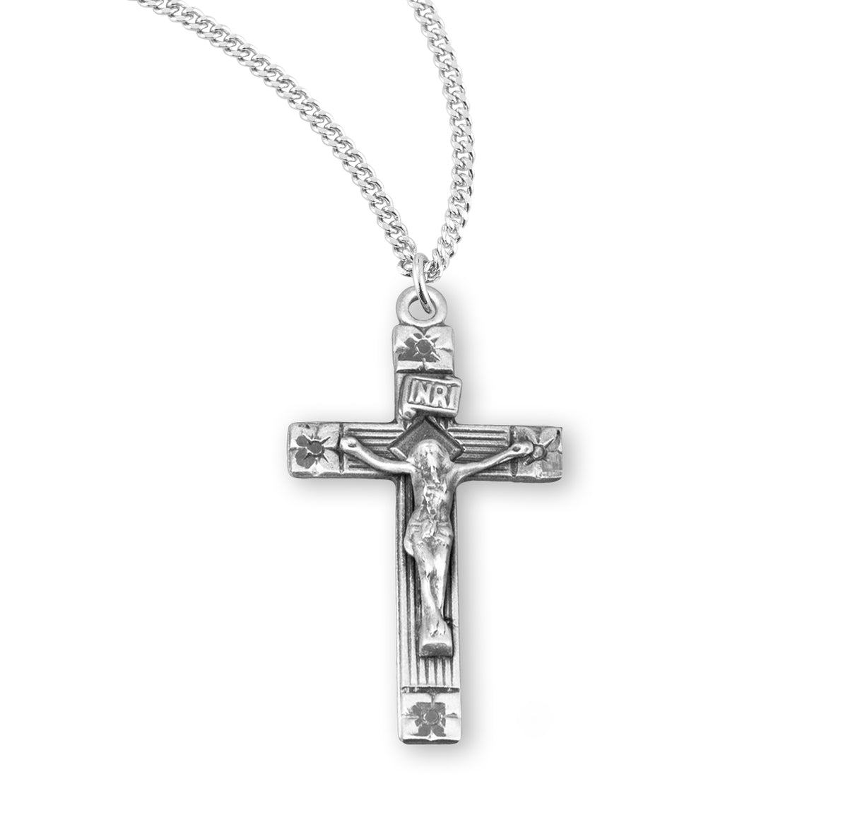 Flower Tip Crucifix Necklace, Sterling Silver