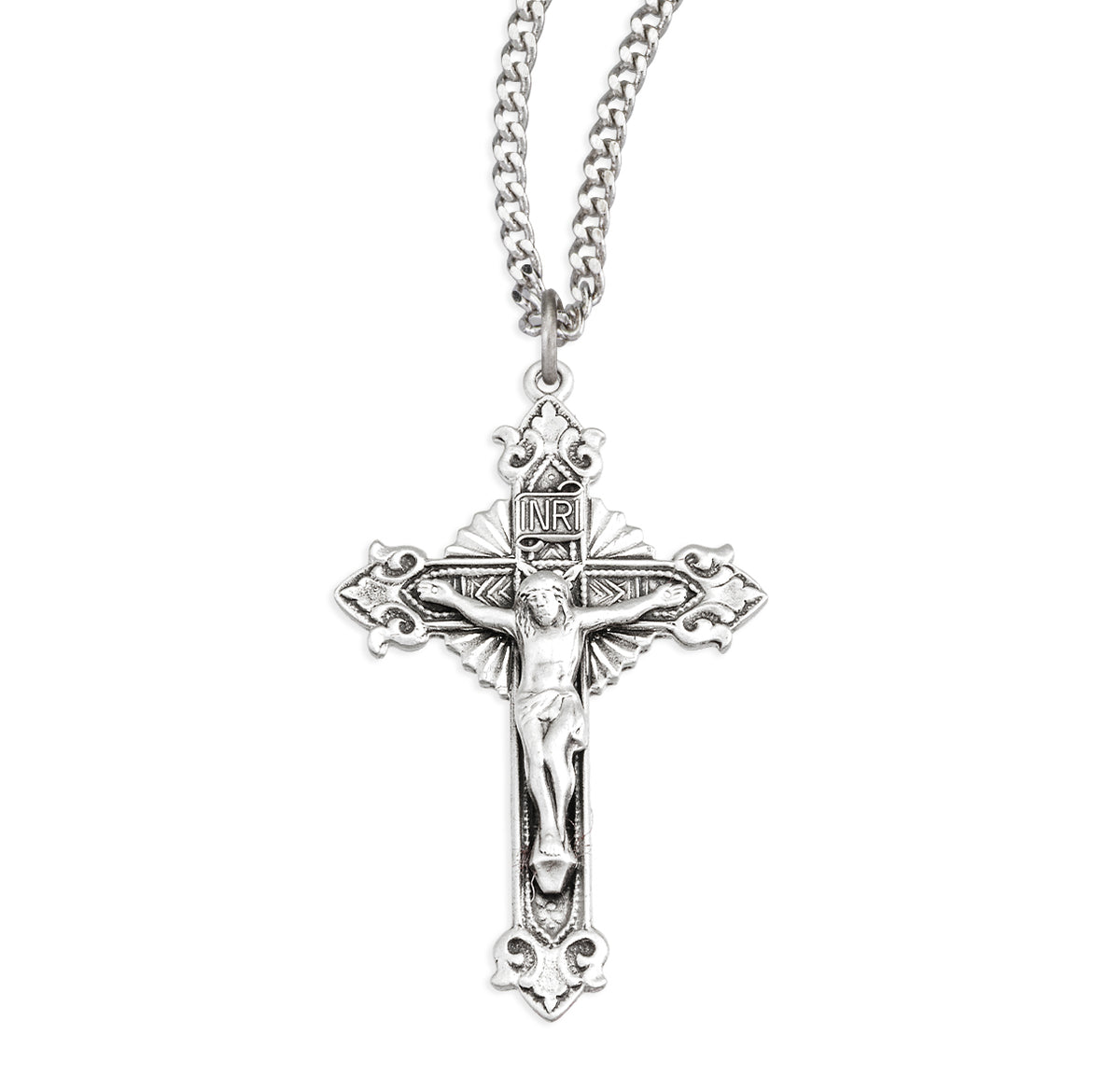 Starburst Crucifix Necklace with Fancy Tips, Sterling Silver