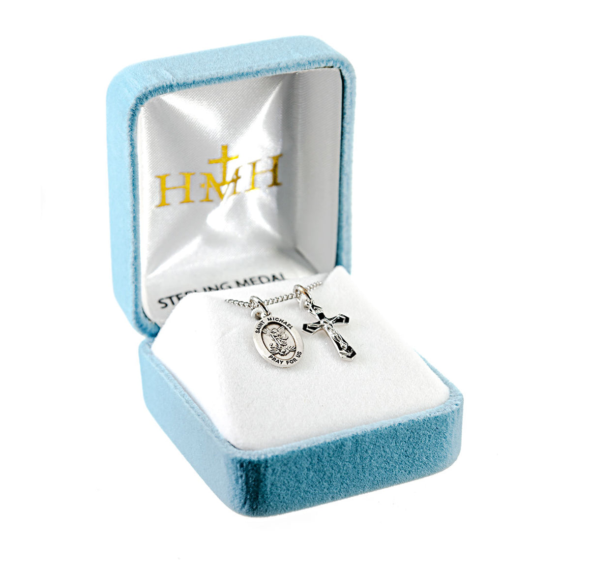 High Polished Small Saint Michael Medal and Small Crucifix Necklace, Sterling Silver