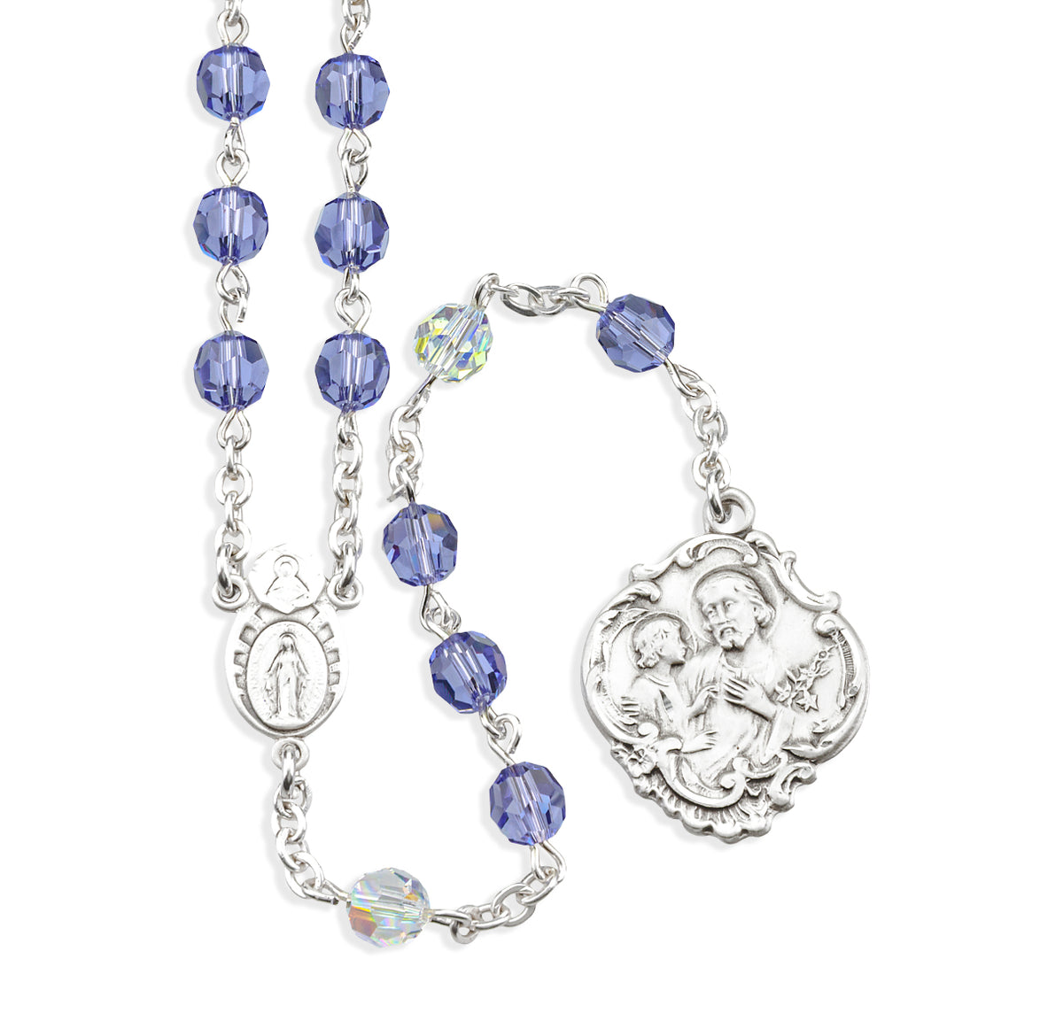 St. Joseph Chaplet, 6mm Tanzanite Swarovski Crystal Beads, Sterling Silver