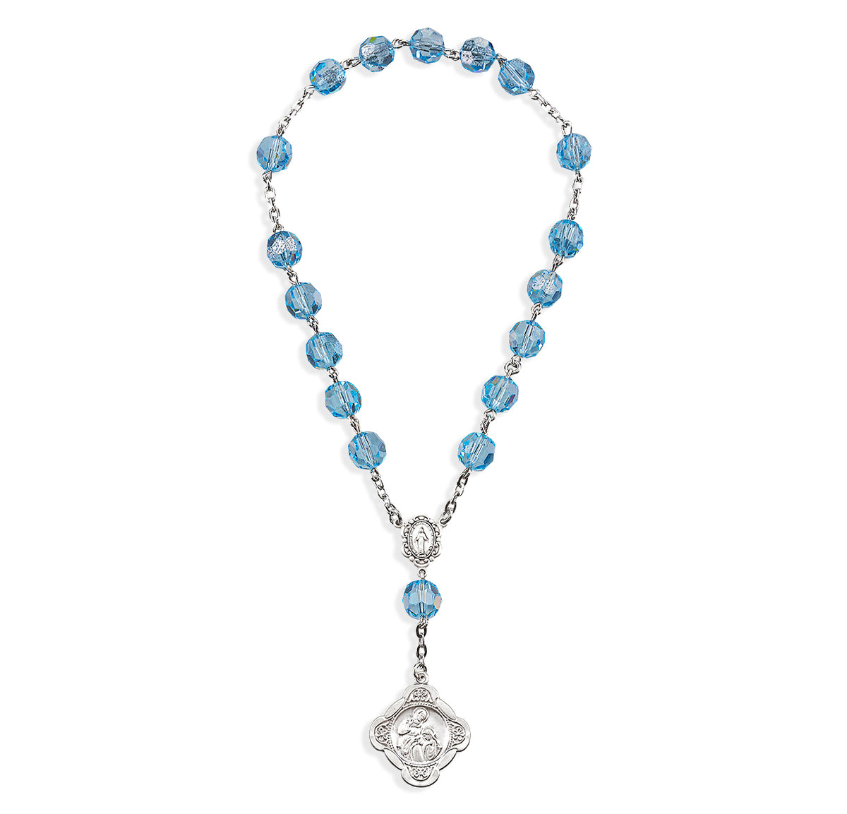 St. Ann Chaplet, 7mm Light Sapphire Swarovski Crystal Beads, Sterling Silver