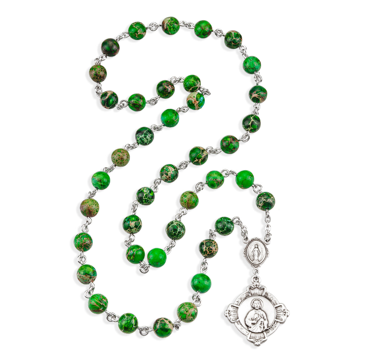 St. Jude Chaplet, 8mm Green Imperial Jasper Beads, Sterling Silver