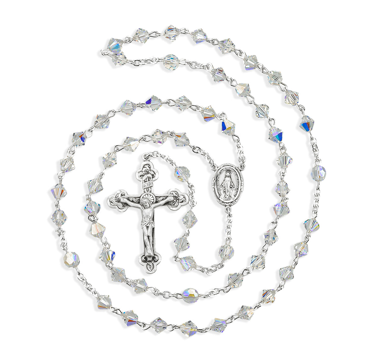 6mm Aurora Borealis Swarovski Crystal Bi-Cone Bead Rosary, Sterling Silver