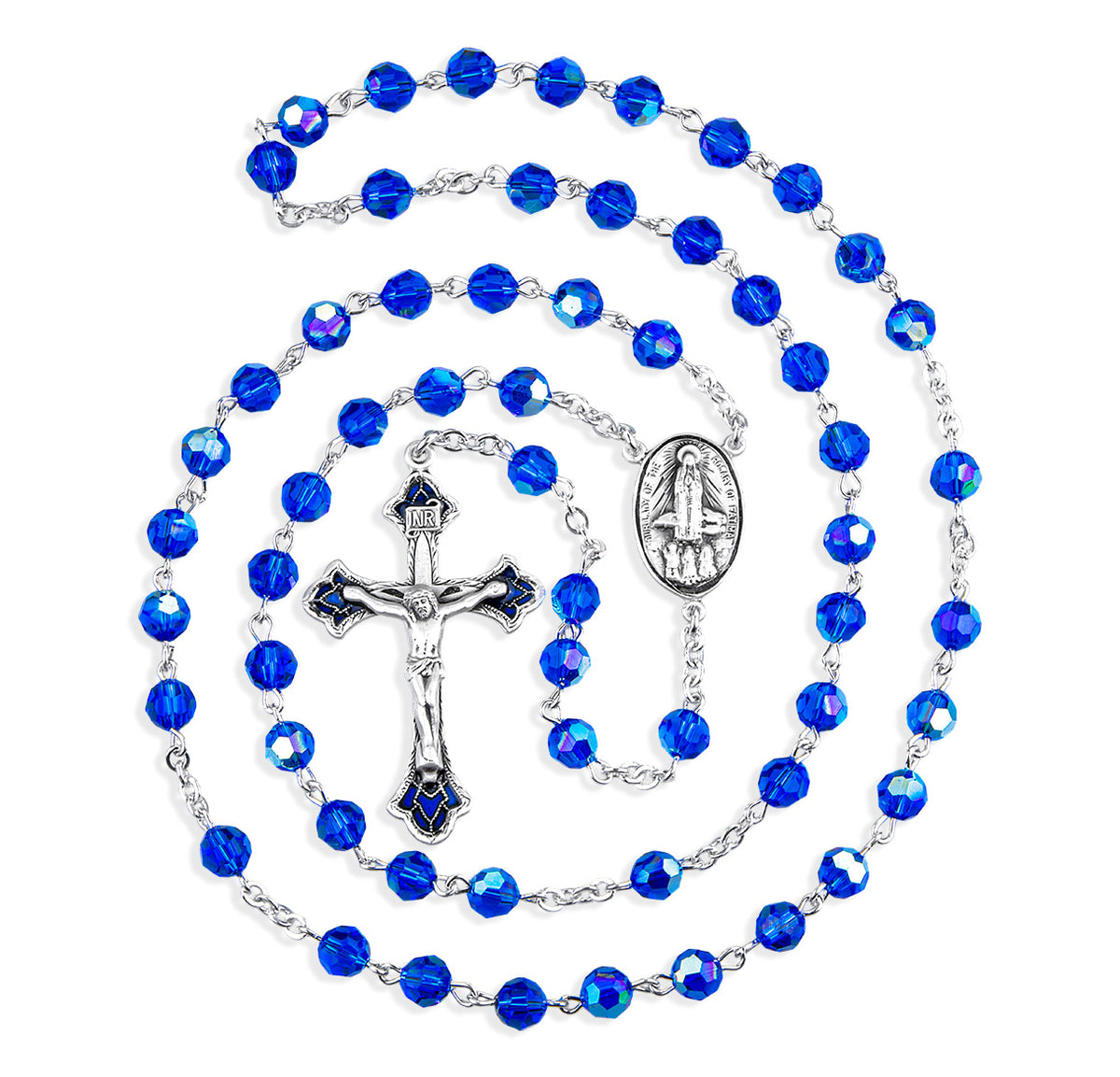 6mm Bermuda Blue Swarovski Crystal Rosary, Sterling Silver