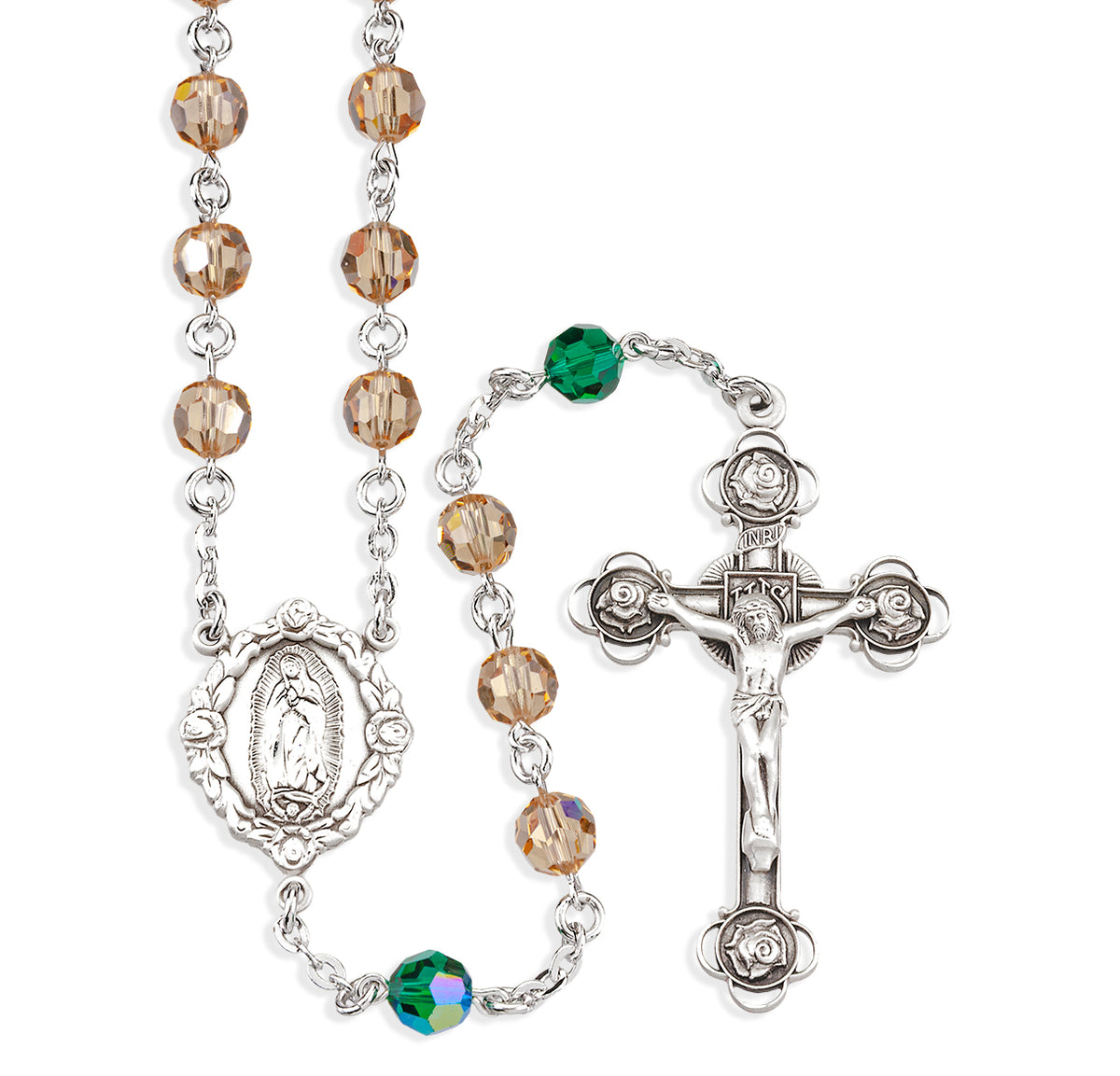 Our Lady of Guadalupe Rosary, 6mm Topaz and Emerald Swarovski Crystal, Sterling Silver