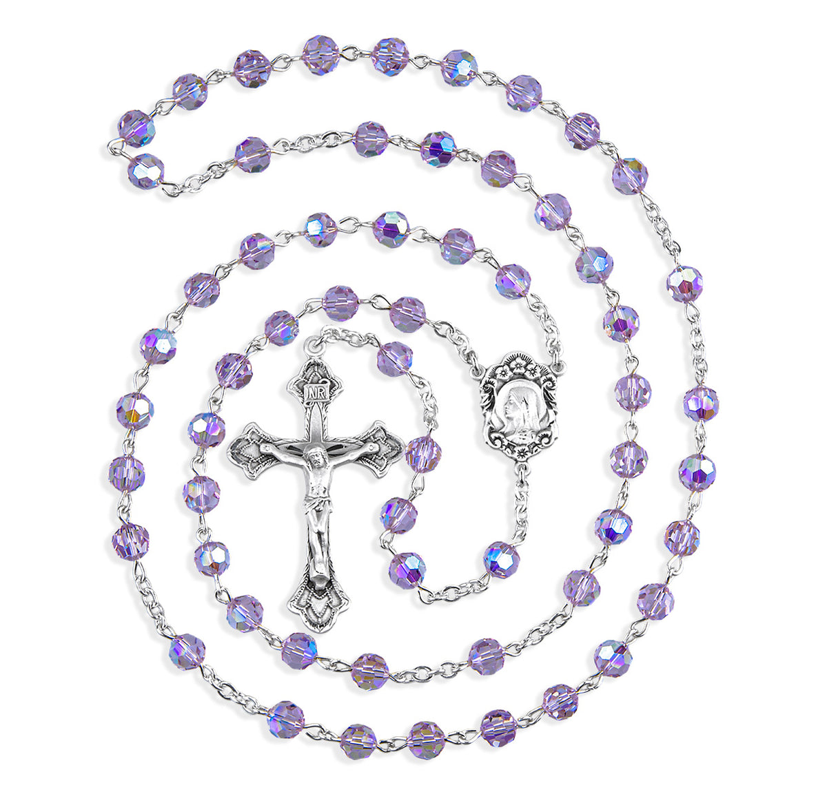 6mm Light Amethyst Swarovski Crystal Rosary, Sterling Silver