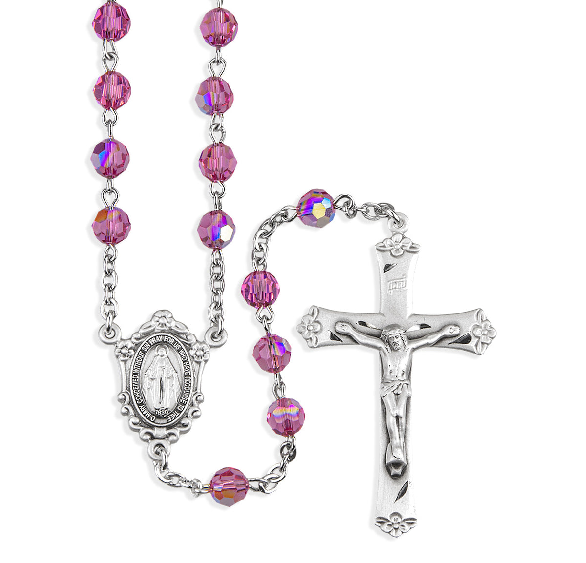 6mm Pink Swarovski Crystal Rosary, Sterling Silver