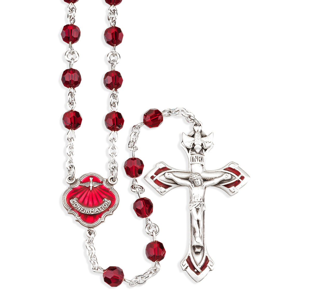Holy Spirit Confirmation Rosary, 6mm Ruby Swarovski Crystal, Sterling Silver