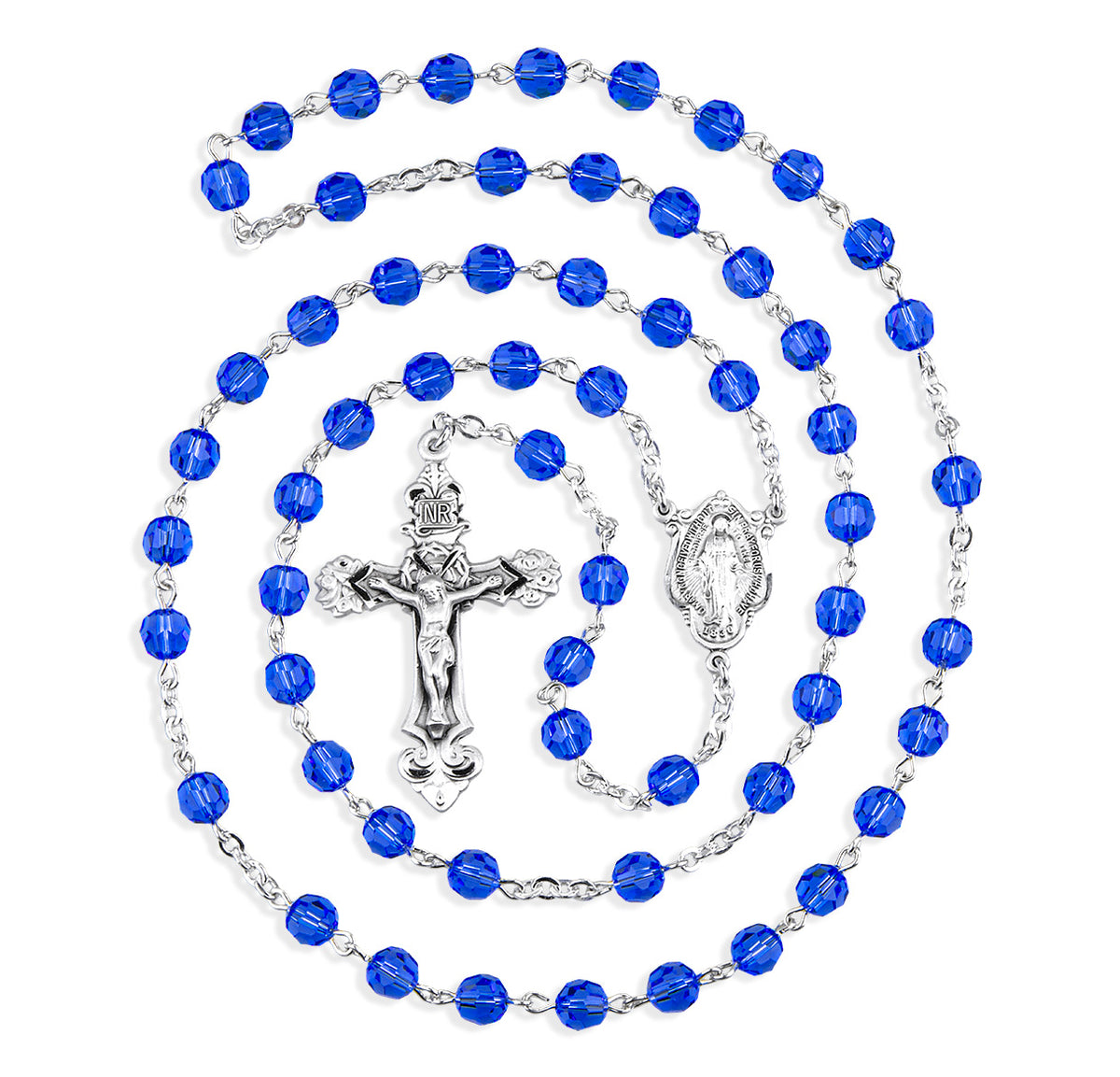 6mm Sapphire Swarovski Crystal Rosary, Sterling Silver