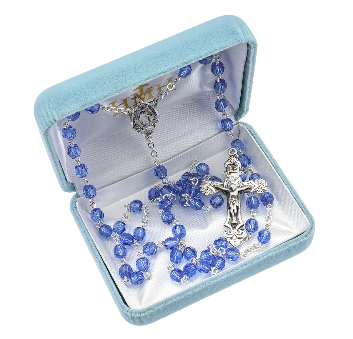 6mm Sapphire Swarovski Crystal Rosary, Sterling Silver