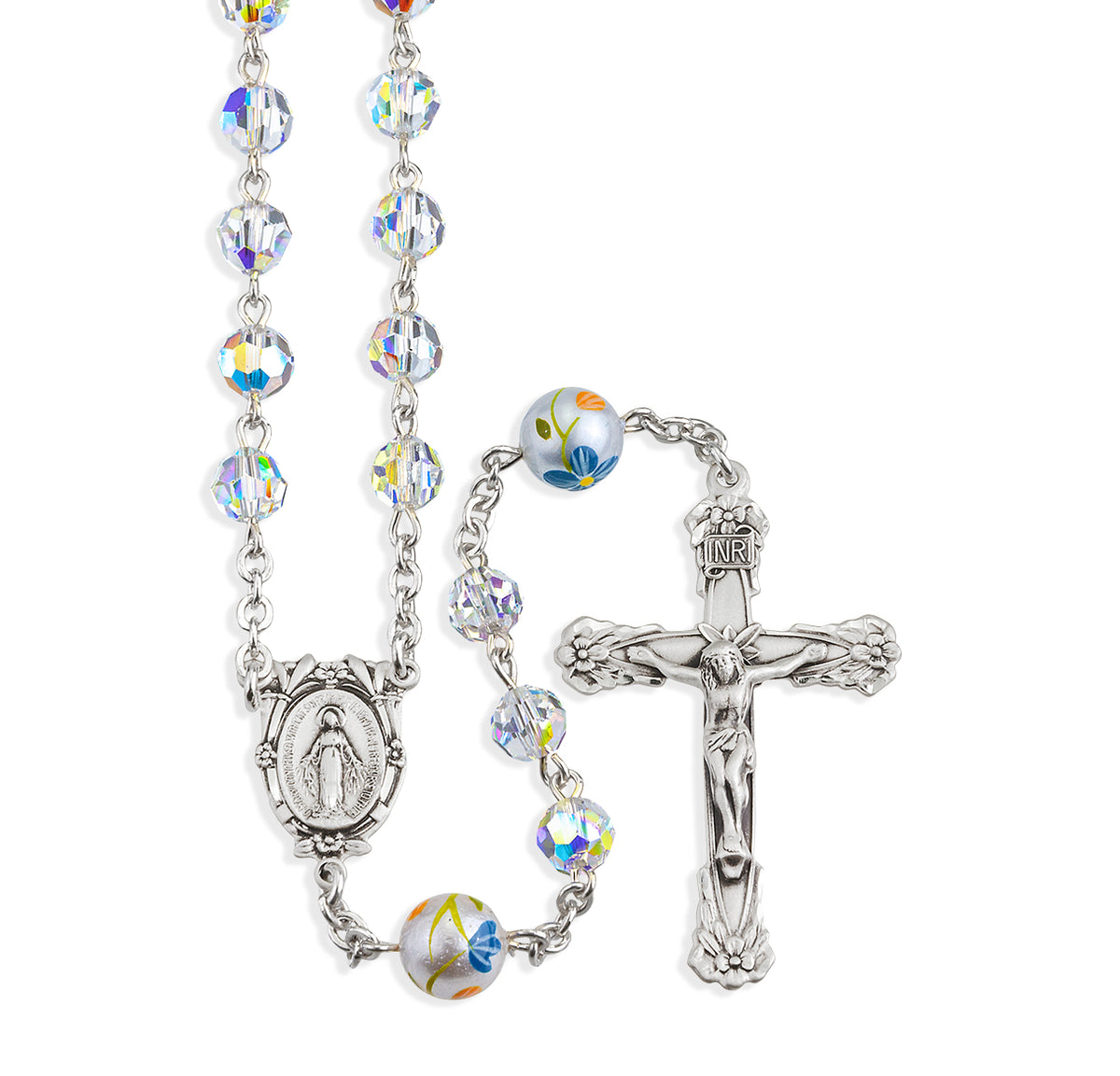 6mm Aurora Borealis Swarovski Crystal Rosary with Porcelain Flower Our Father Beads, Sterling Silver