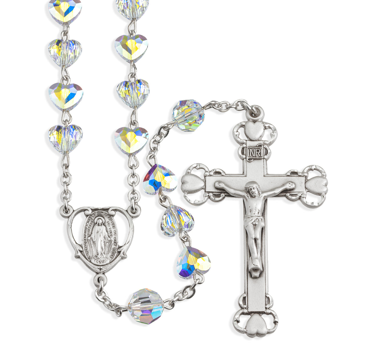8mm Aurora Borealis Swarovski Crystal Heart Bead Rosary, Sterling Silver