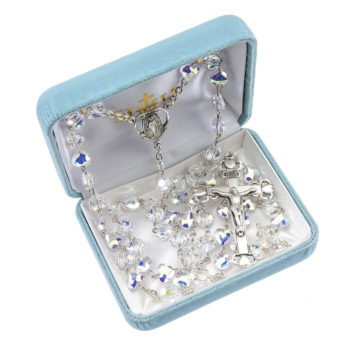 8mm Aurora Borealis Swarovski Crystal Heart Bead Rosary, Sterling Silver