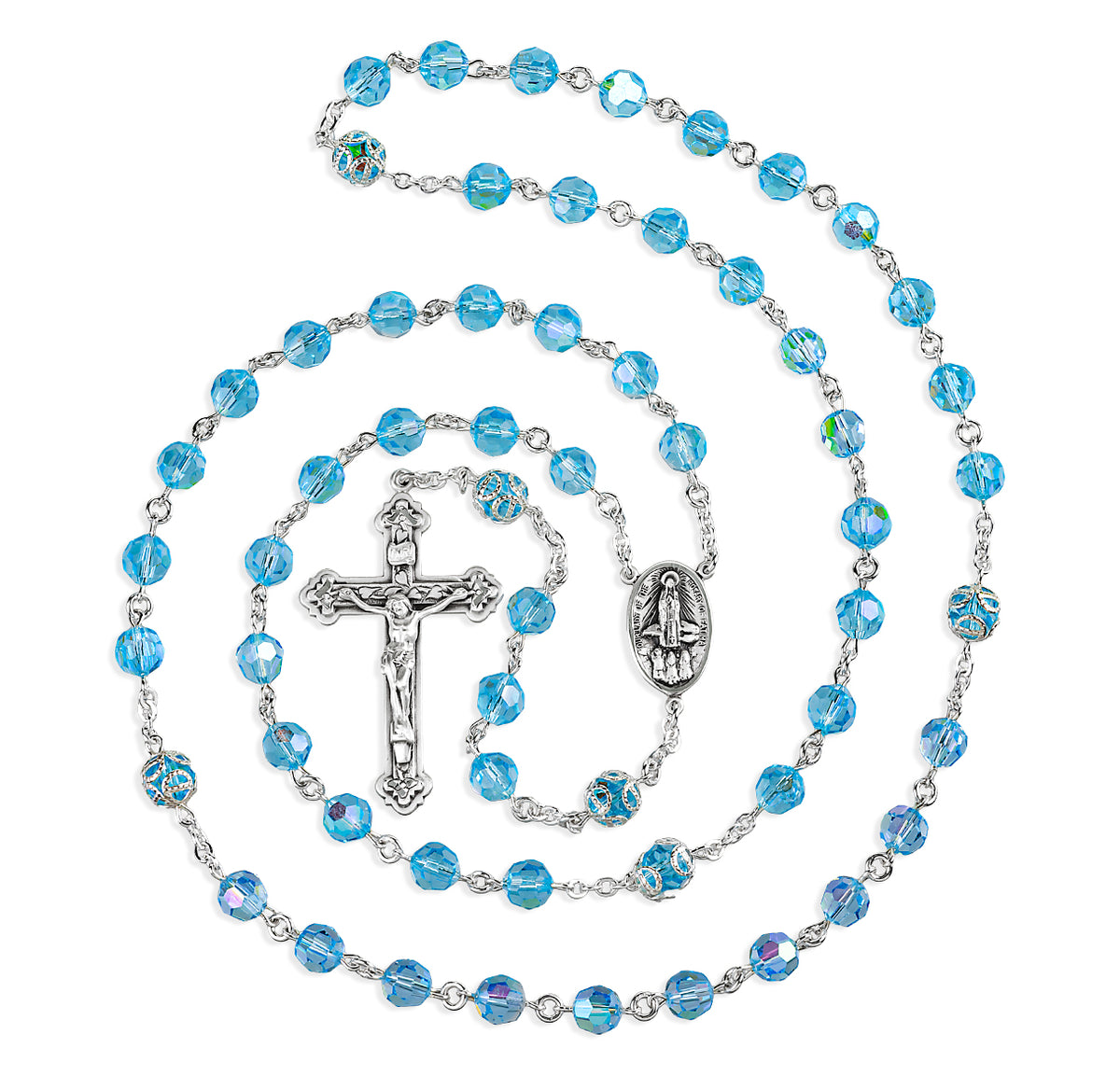 7mm Aqua Czech Crystal Bead with Double Capped O.F. Bead Rosary, Sterling Silver