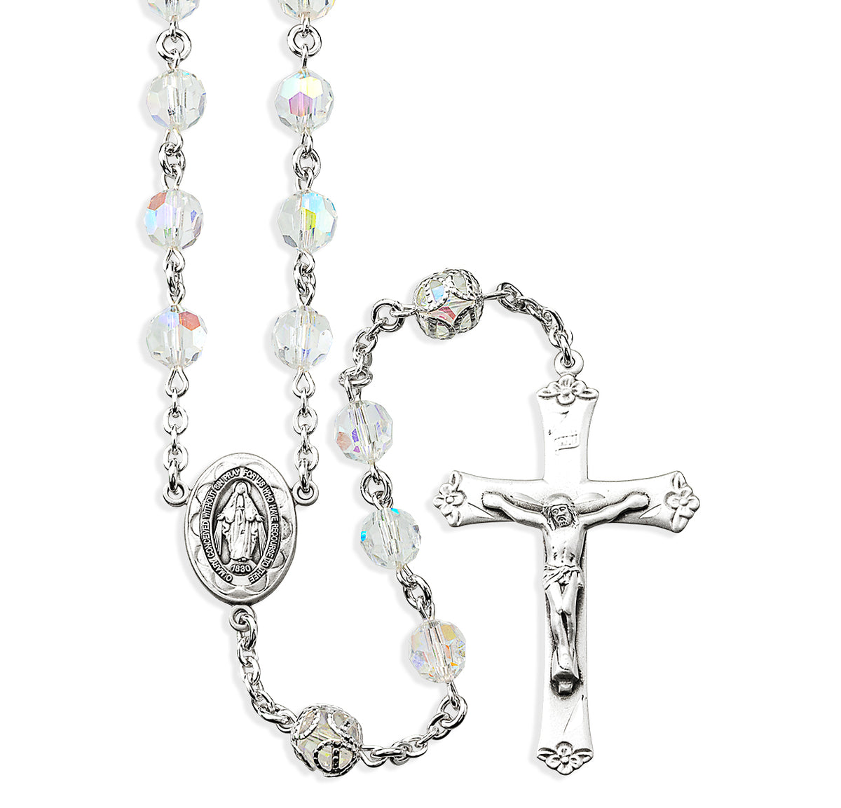 7mm Czech Aurora Crystal Bead with Double Capped O.F. Bead Rosary, Sterling Silver