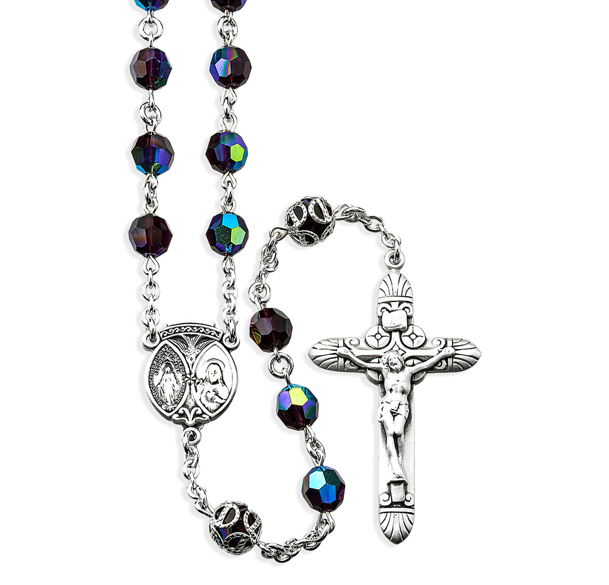 7mm Dark Amethyst Czech Crystal Bead with Double Capped O.F. Bead Rosary, Sterling Silver