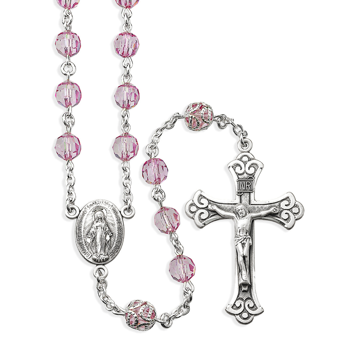 7mm Pink Czech Crystal Bead with Double Capped O.F. Bead Rosary, Sterling Silver