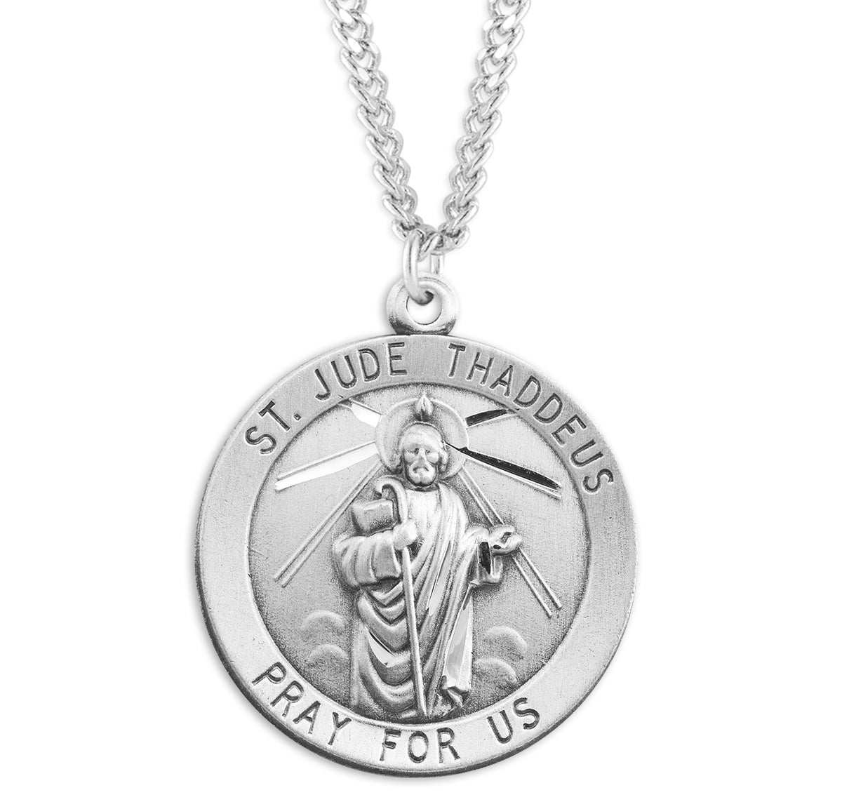 Heavy Large Saint Jude Round Medal Necklace, Sterling Silver