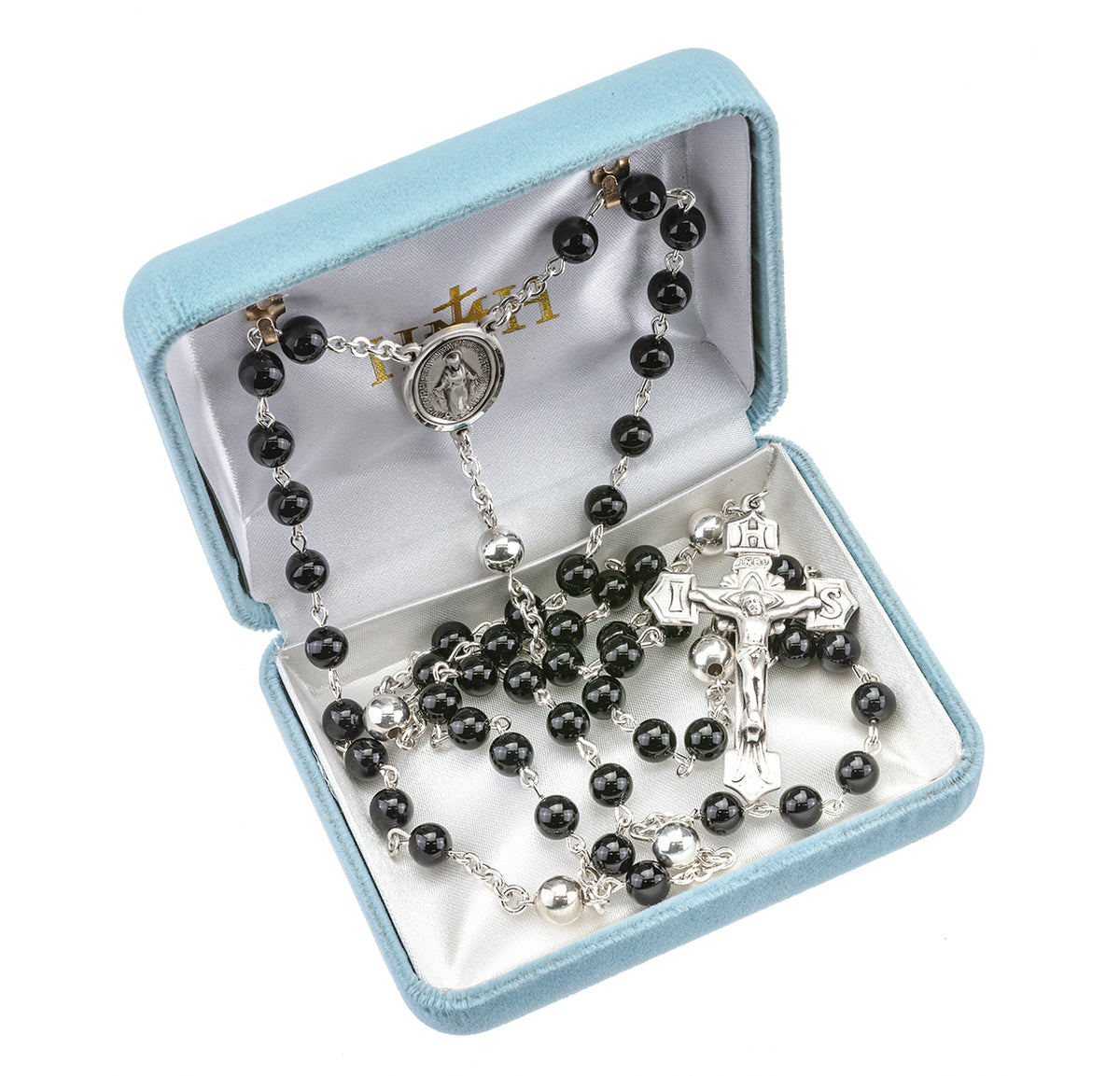 6mm Onyx Bead Rosary with Sterling Silver Our Father Beads