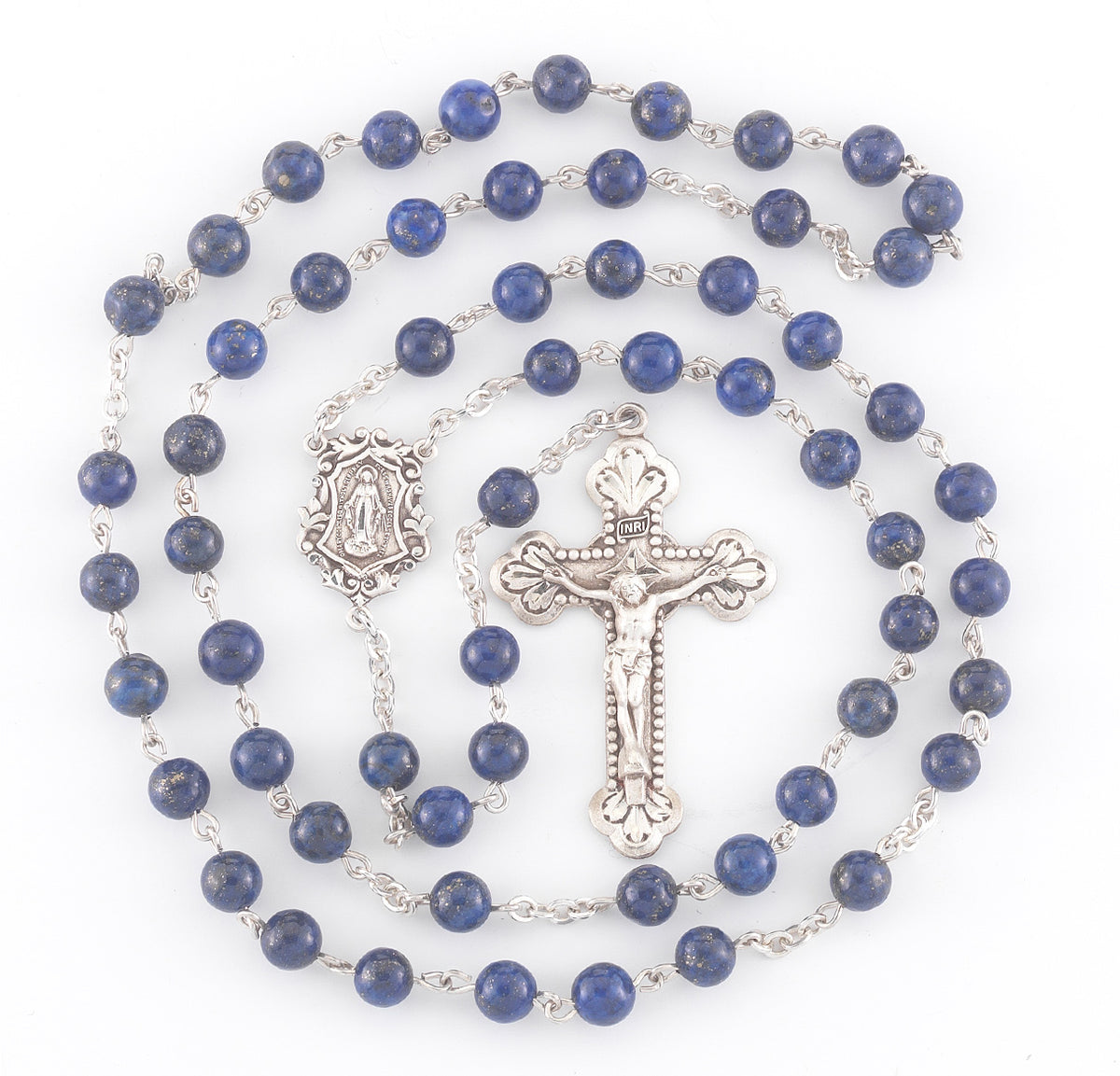 6mm Genuine Lapis Rosary, Sterling Silver