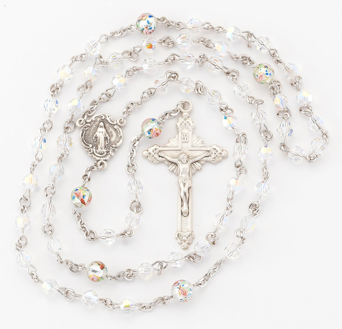 5mm Swarovski Crystal Rosary with Rose Bud Our Father Beads, Sterling Silver