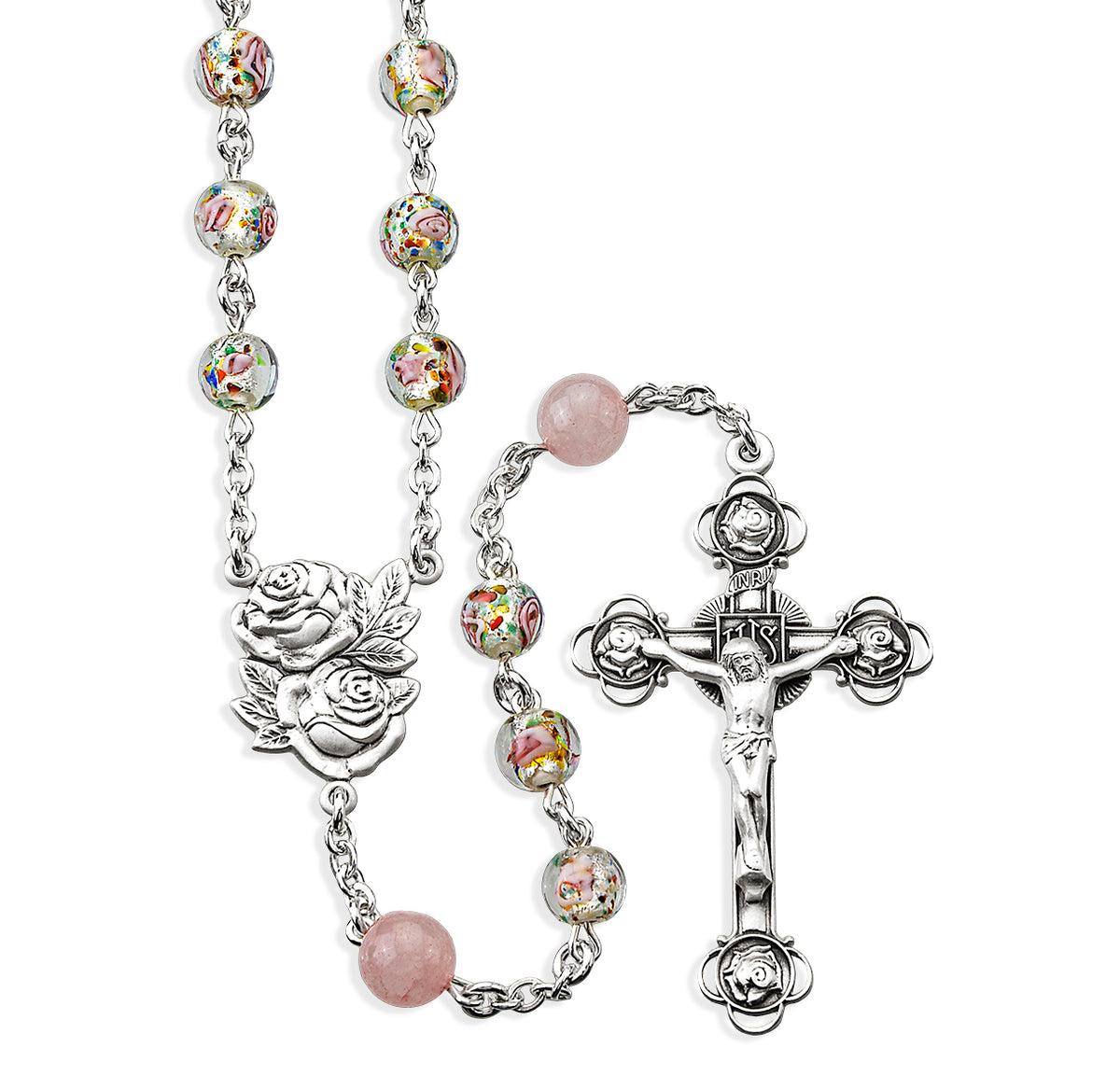 6mm Rose Embedded Glass Bead Rosary with Rose Quartz Our Father Beads, Sterling Silver