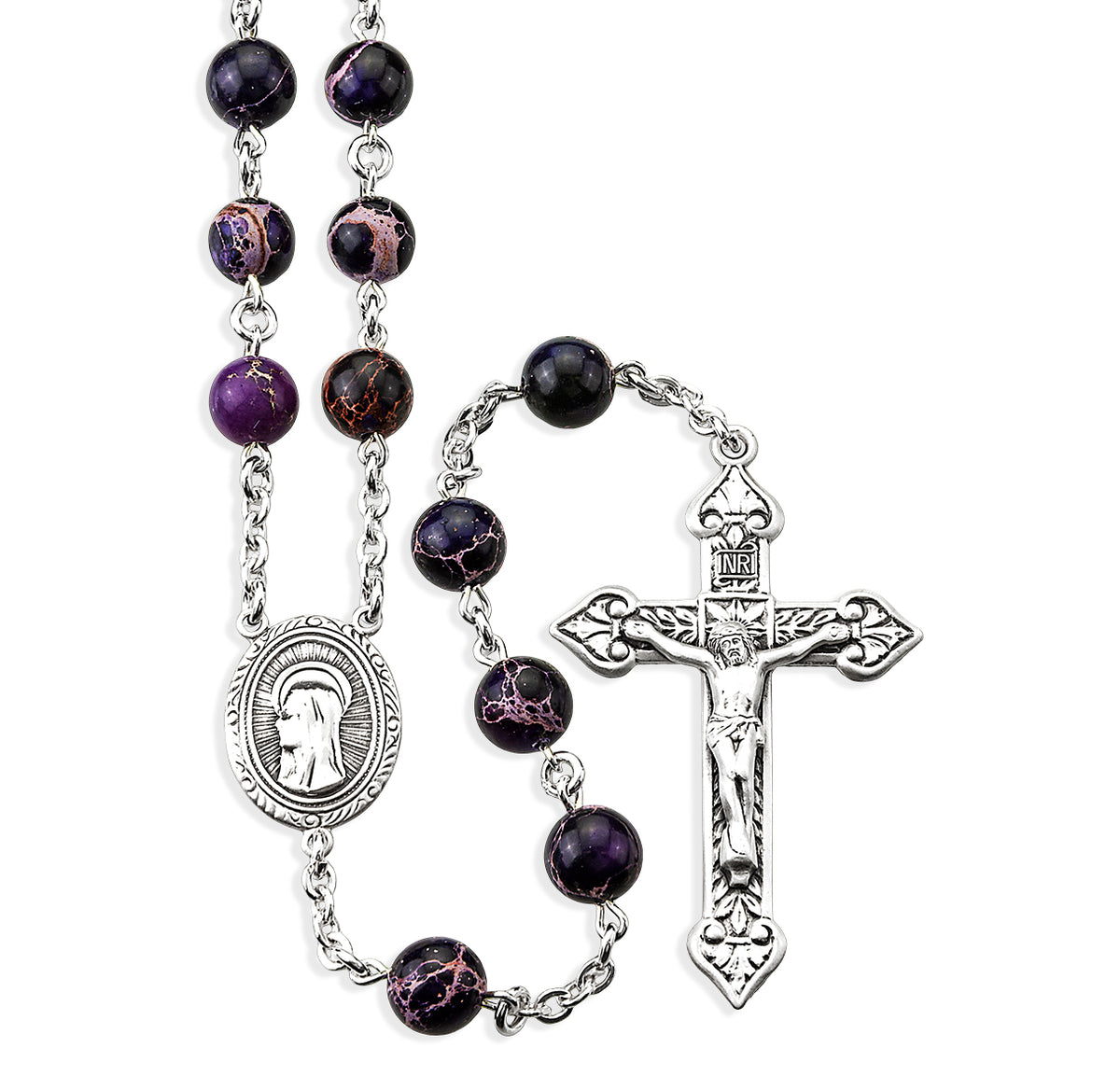 8mm Purple Imperial Jade Rosary, Sterling Silver