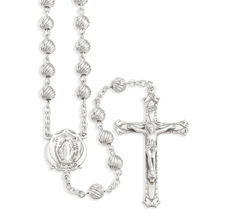 Sterling Silver Rosary, 6mm Spiral Beads & Miraculous Medal Center