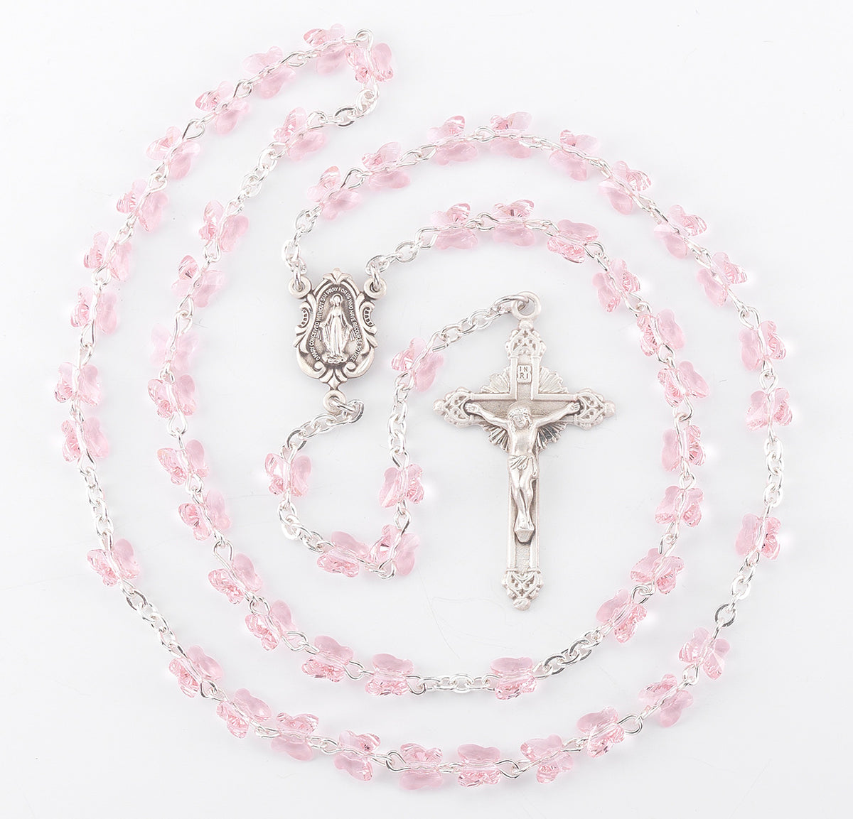 6mm Light Rose Swarovski Crystal Butterfly Bead Rosary, Sterling Silver