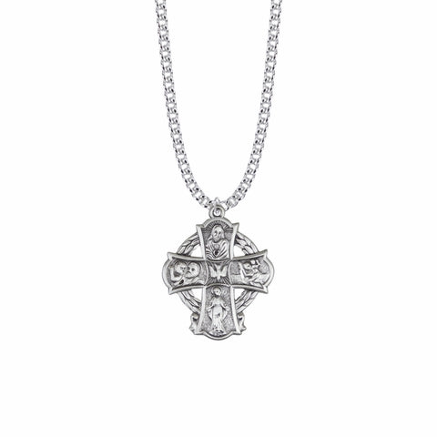Sterling Silver Wreath Cross Five Way Medal, 1-1/4"