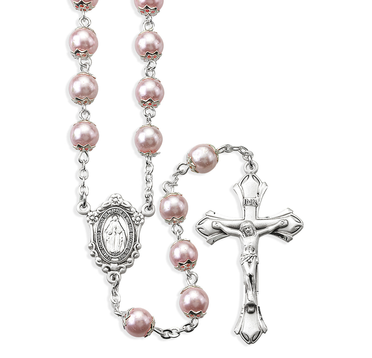 8mm Light Rose Imitation Pearl Double Capped Bead Rosary, Sterling Silver Crucifix and Center