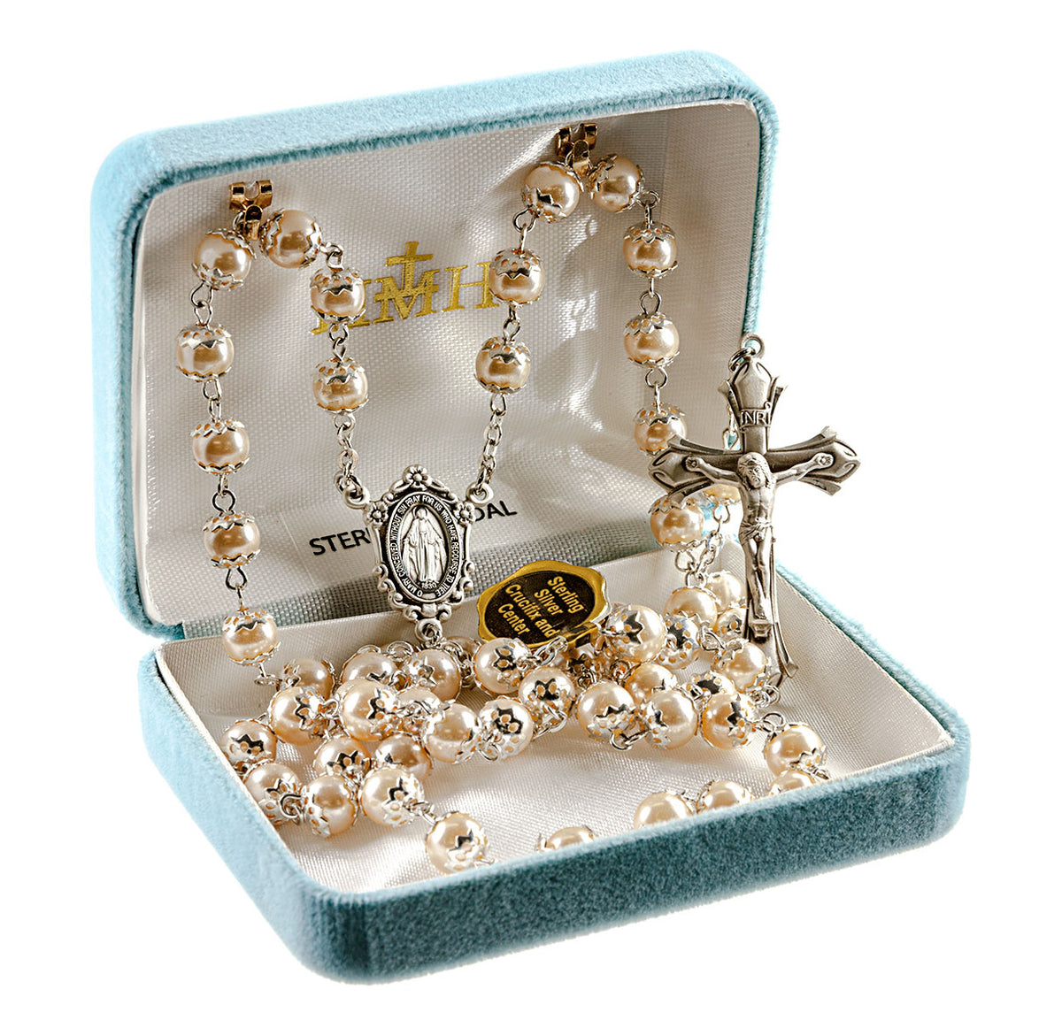 8mm Light Rose Imitation Pearl Double Capped Bead Rosary, Sterling Silver Crucifix and Center