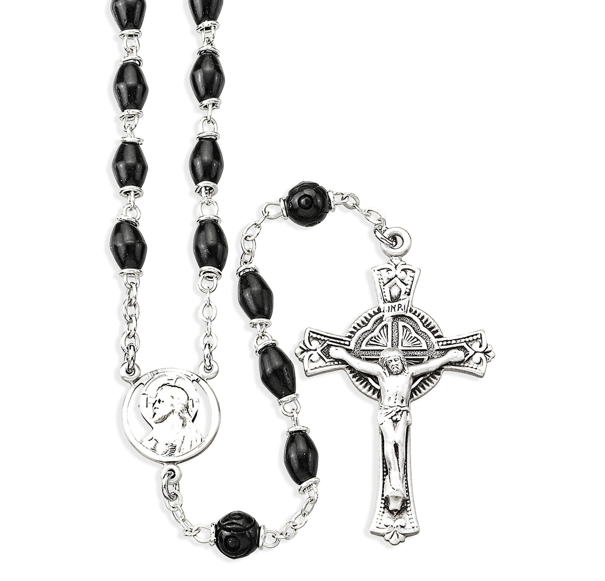 Black Cocoa Bead Scapular Rosary, Sterling Silver Crucifix and Center