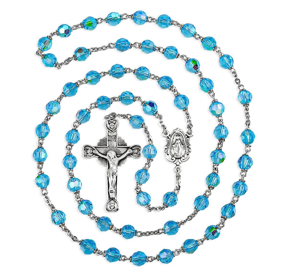 6mm Tin Cut Aqua Czech Crystal Aurora Bead Rosary, Sterling Silver Crucifix and Center