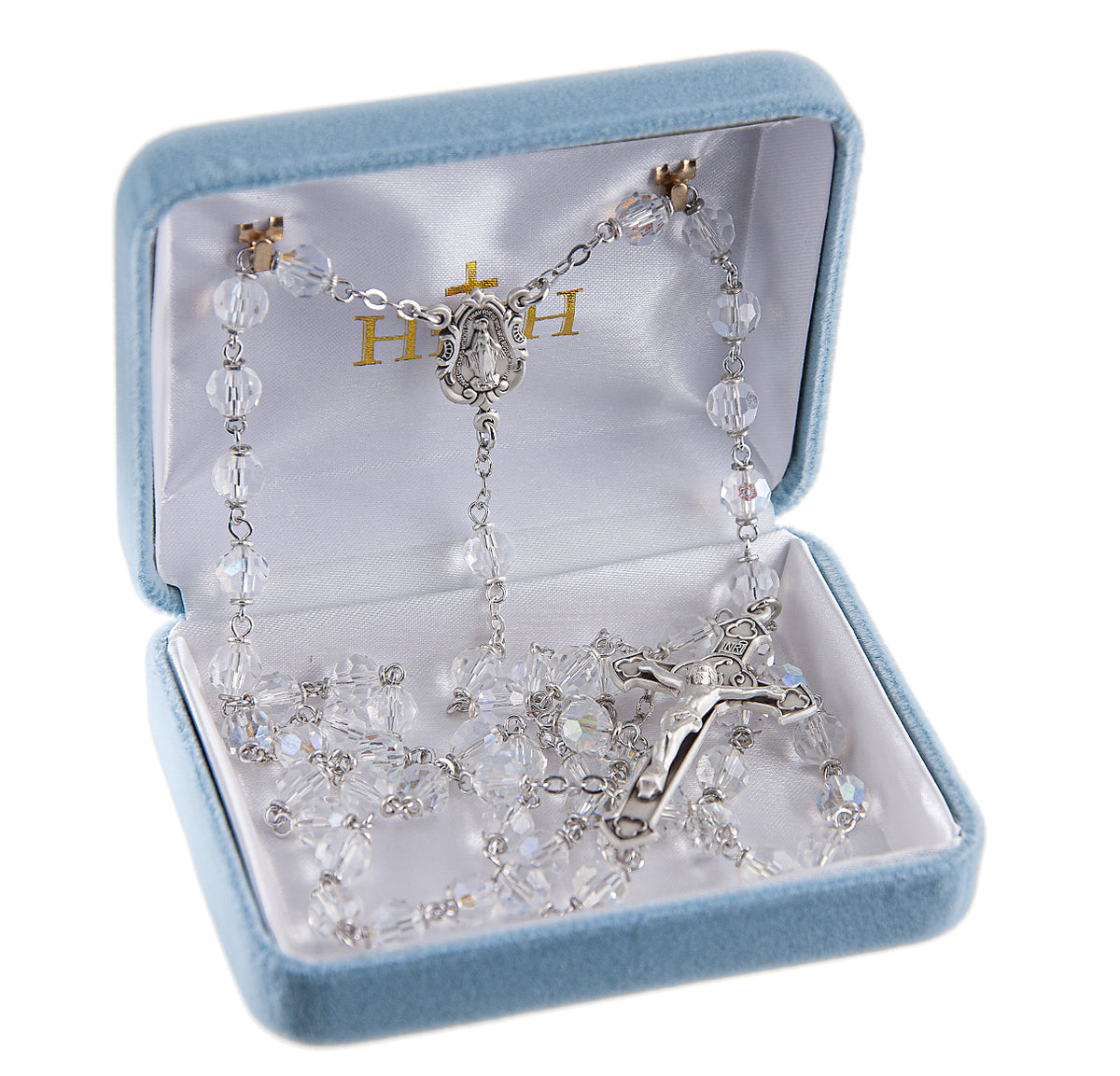 6mm Tin Cut Clear Czech Crystal Bead Rosary, Sterling Silver Crucifix and Center