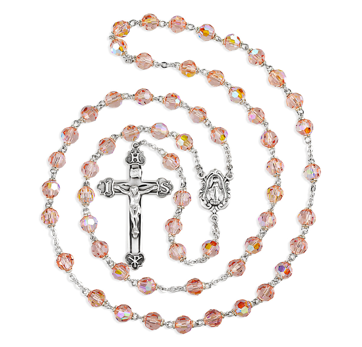 6mm Tin Cut Light Rose Czech Crystal Aurora Bead Rosary, Sterling Silver Crucifix and Center