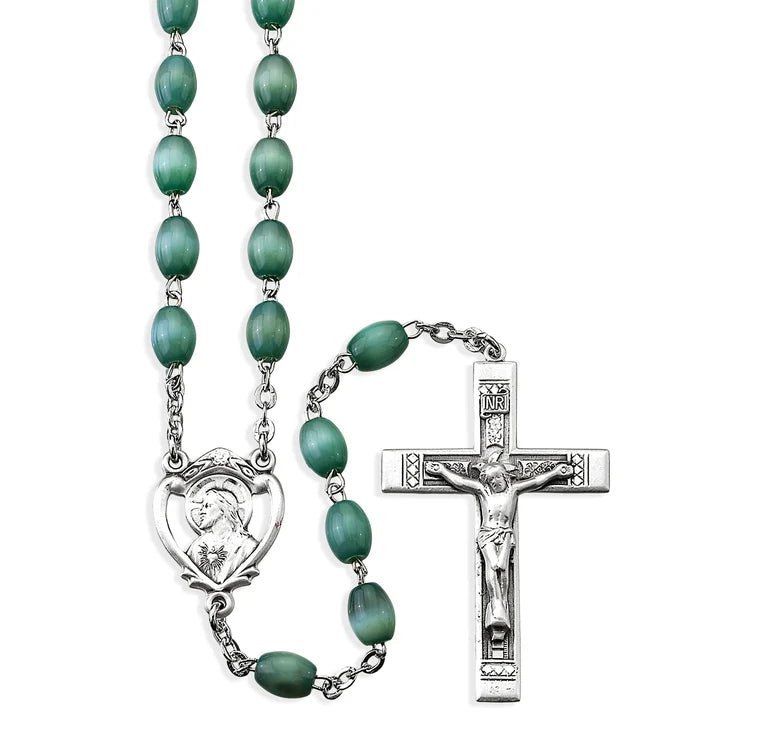 Gray Oval Bead Men's Rosary with Sterling Silver Sacred Heart Center