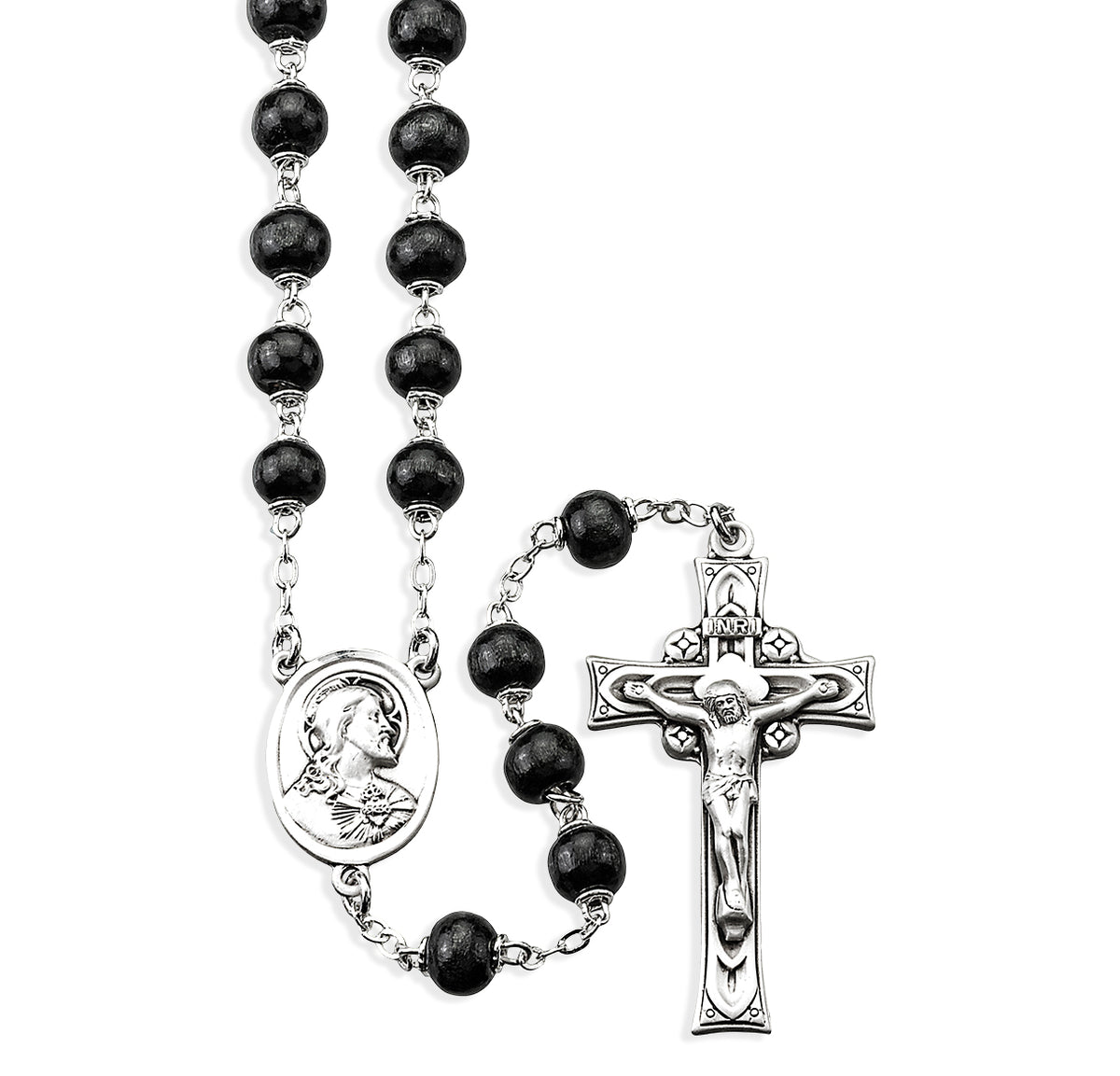 Black Round Boxwood Rosary, Sterling Silver Crucifix and Center
