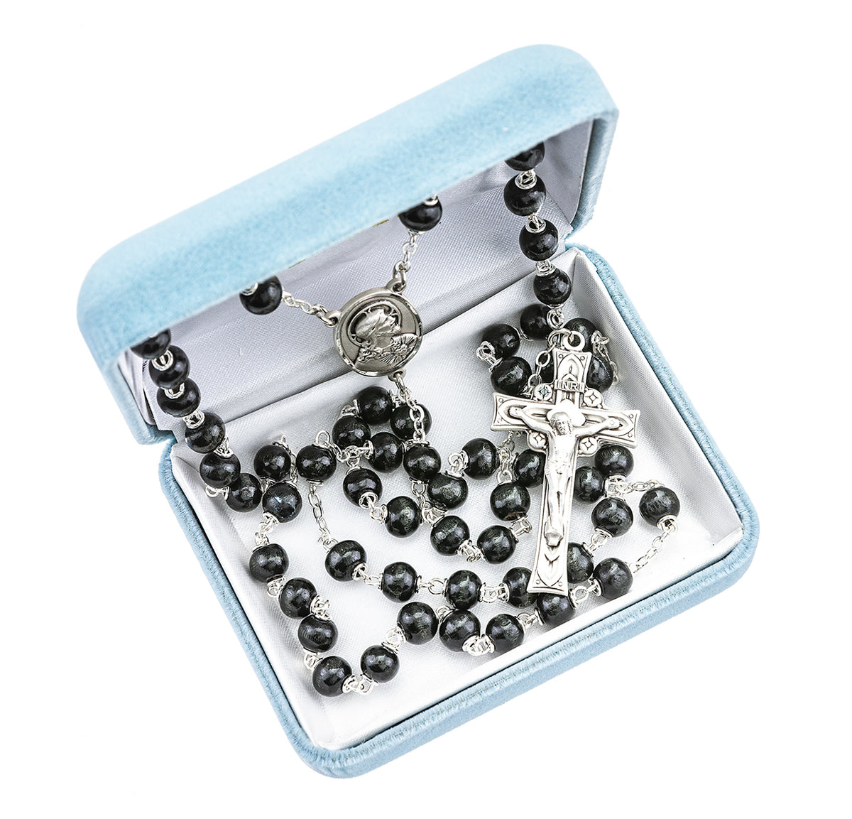 Black Round Boxwood Rosary, Sterling Silver Crucifix and Center