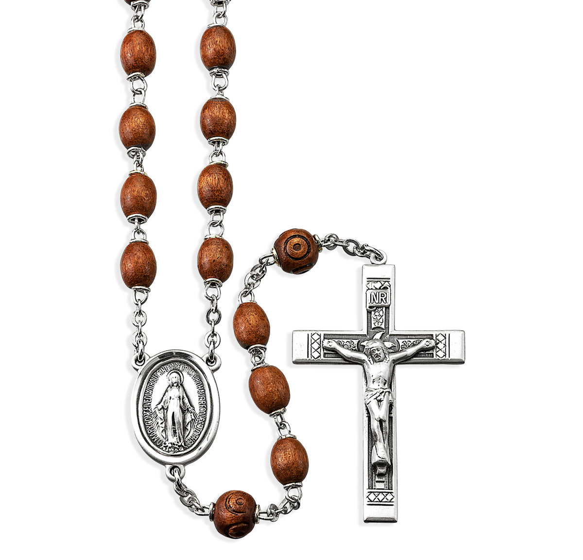 Brown Oval Boxwood Rosary, Sterling Silver Crucifix and Center